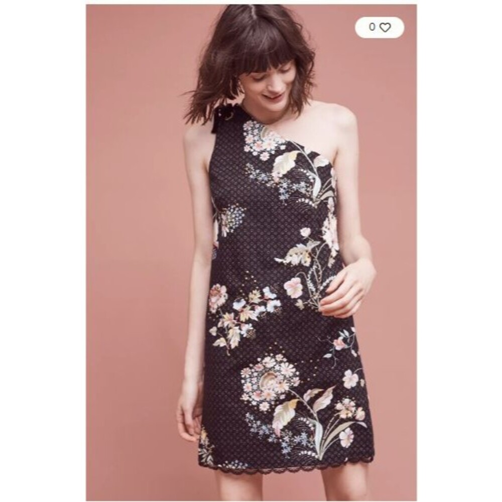 Anthropologie Maeve Ashbury One Shoulder Floral Studded Lace Shift Dress Size 8